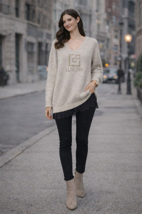 Bluza dama bej tricotat cu anchior si pietricele aplicate [3]