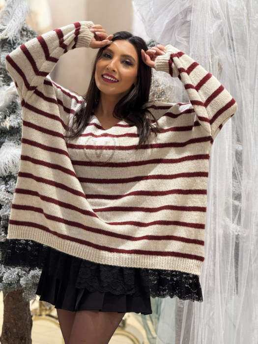 Bluza dama bej tricotata cu dungi bordo, anchior si ursulet din pietricele [3]