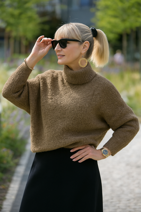 Bluza dama bej tricotata cu gat inalt