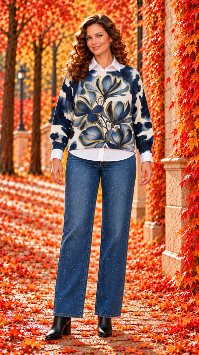 Bluza dama bleumarin cu imprimeu floral auriu [2]