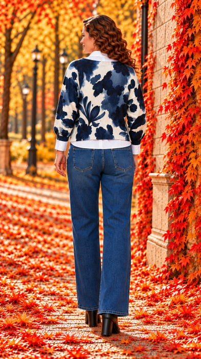 Bluza dama bleumarin cu imprimeu floral auriu [4]