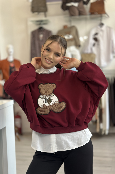 Bluza dama bordo cu imprimeu ursulet [3]