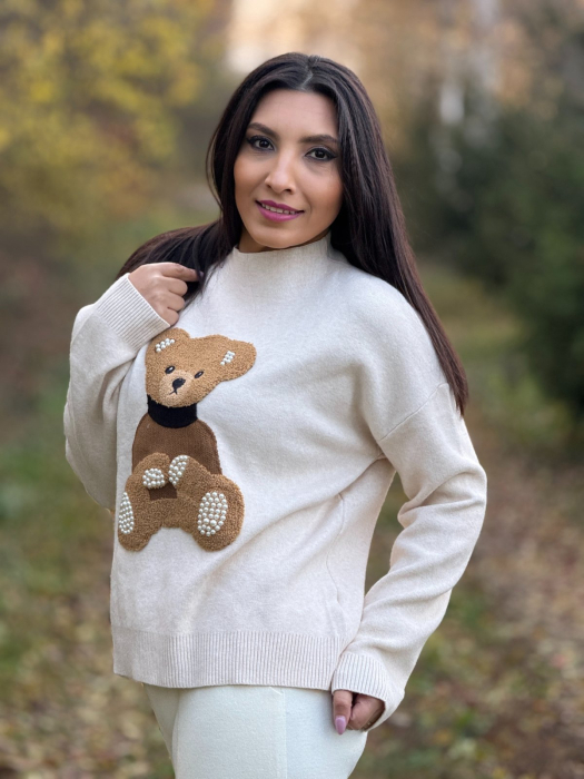 Bluza dama crem cu ursulet si perlute [3]