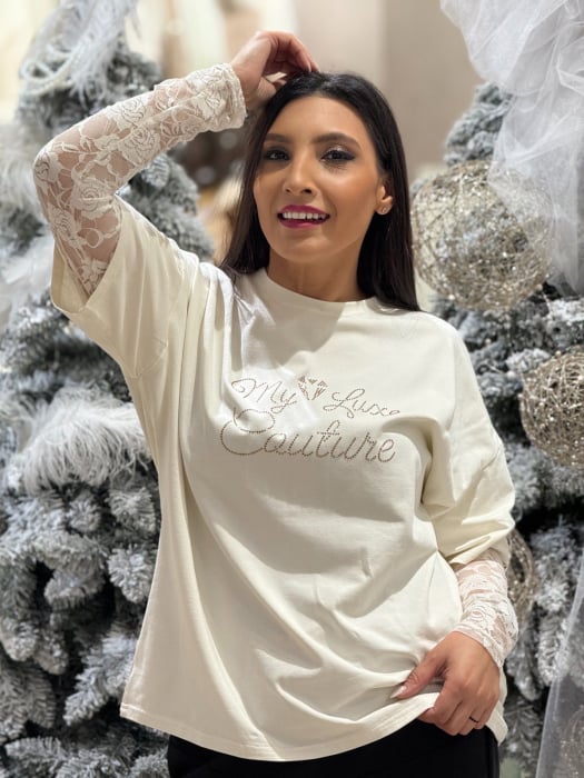 Bluza dama crem din bumbac cu maneci din dantela [4]