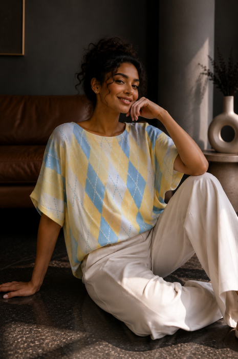 Bluza dama din vascoza cu imprimeu geometric galben [3]