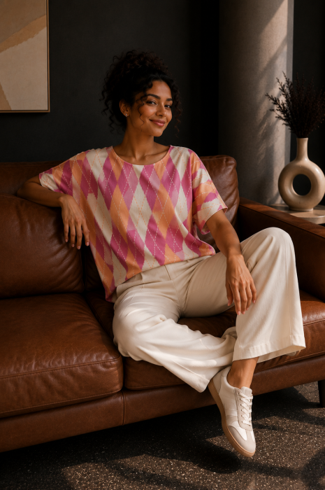 Bluza dama din vascoza cu imprimeu geometric roz [2]