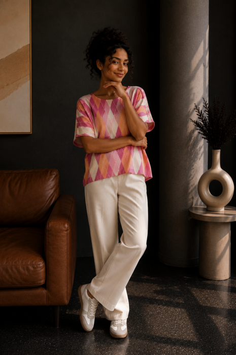 Bluza dama din vascoza cu imprimeu geometric roz [3]