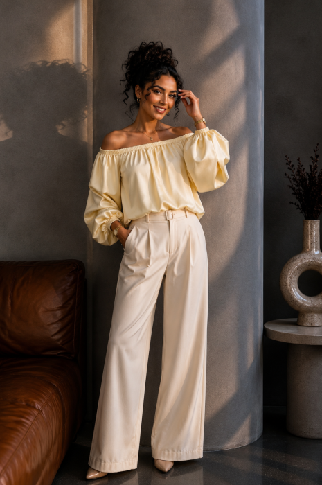Bluza dama galben pal din satin cu maneci bufante [2]