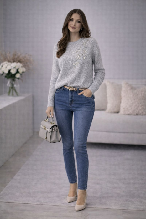 Bluza dama gri cu aplicatii flori din margelute si paiete [4]