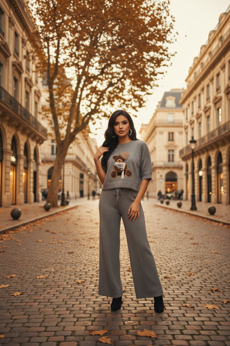 Bluza dama gri cu ursulet cu fular si caciula [1]