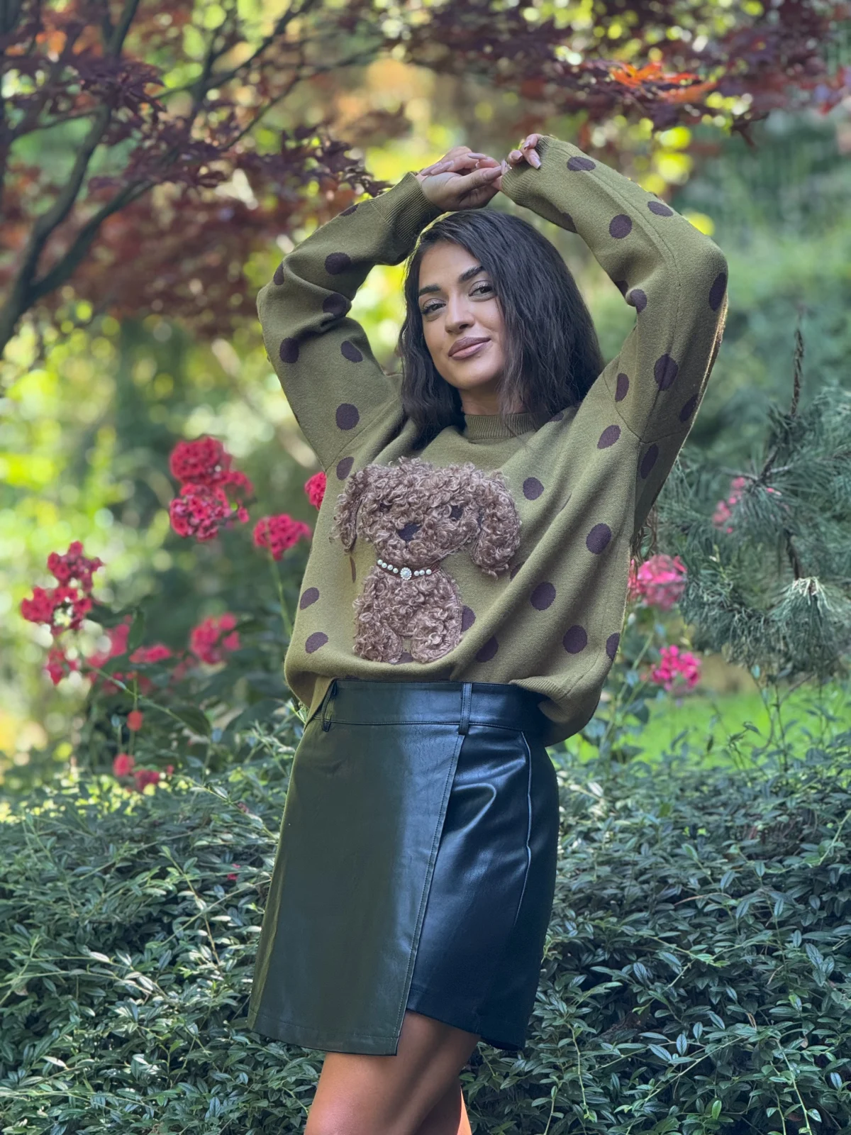 Bluza dama kaki cu buline maro si catelus [2]