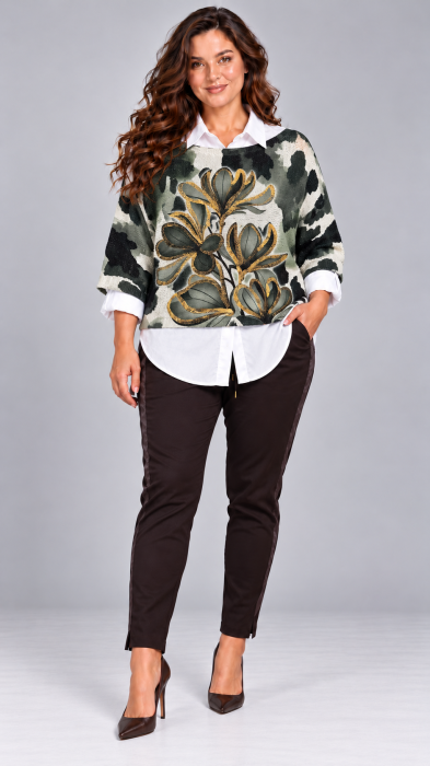 Bluza dama kaki cu imprimeu floral auriu [4]