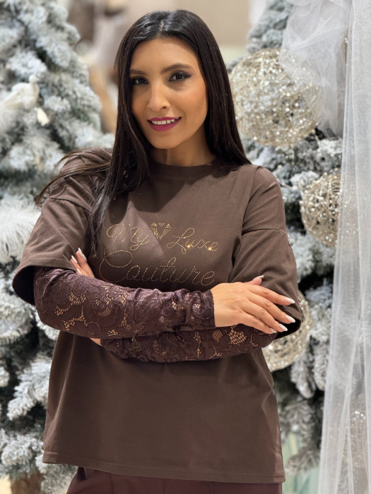 Bluza dama maro din bumbac cu maneci din dantela [3]
