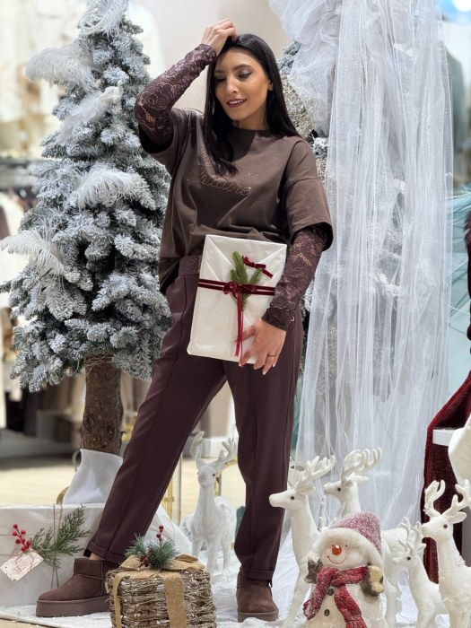 Bluza dama maro din bumbac cu maneci din dantela [6]