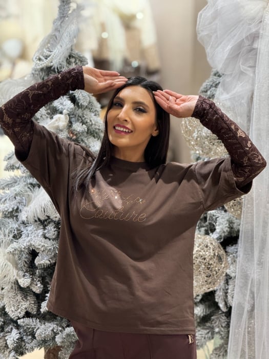 Bluza dama maro din bumbac cu maneci din dantela [4]