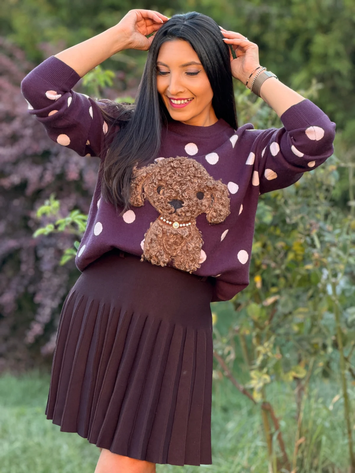 Bluza dama mov cu buline roz si catelus [5]