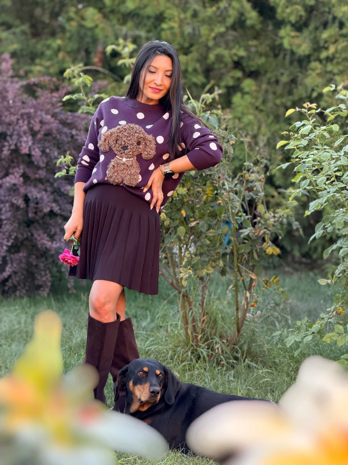 Bluza dama mov cu buline roz si catelus [6]