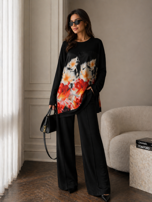 Bluza dama neagra cu imprimeu floral in nuante calde [3]