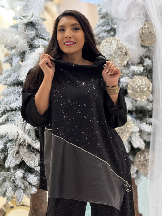Bluza dama neagra cu sclipici si detaliu asimetric din piele [3]