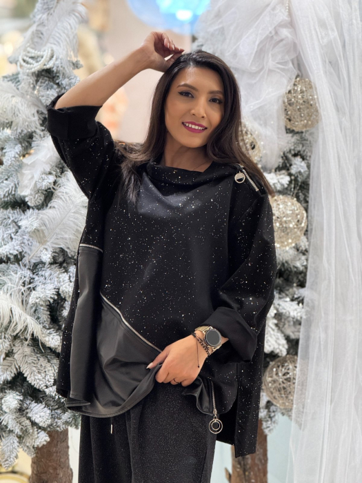 Bluza dama neagra cu sclipici si detaliu asimetric din piele [2]