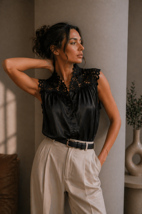 Bluza dama neagra din satin cu broderie florala [4]