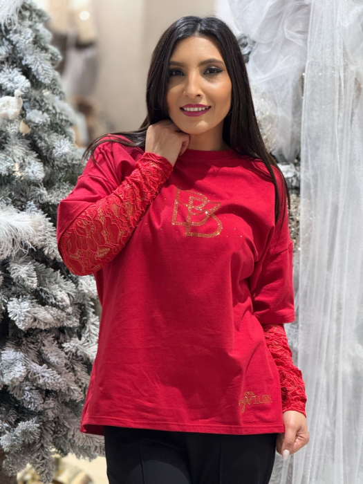 Bluza dama rosie din bumbac cu aplicatii pietricele si maneci din dantela [5]