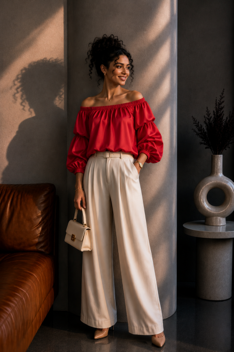 Bluza dama rosie din satin cu maneci bufante [3]