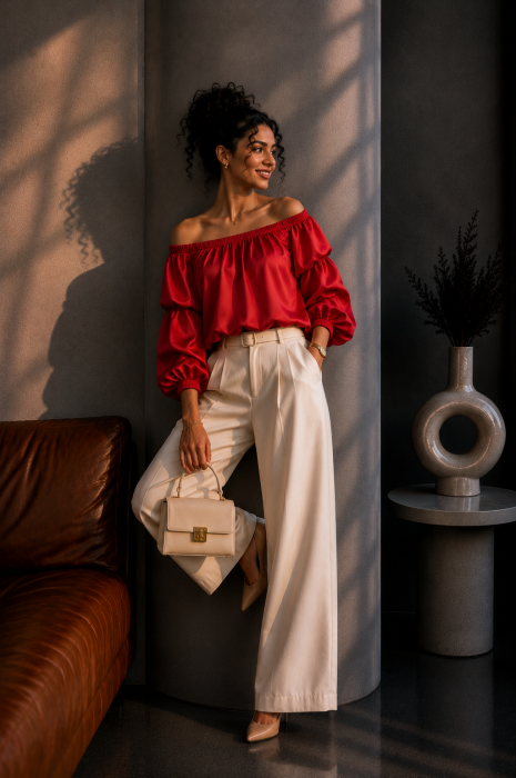 Bluza dama rosie din satin cu maneci bufante [4]