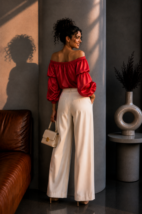 Bluza dama rosie din satin cu maneci bufante [2]