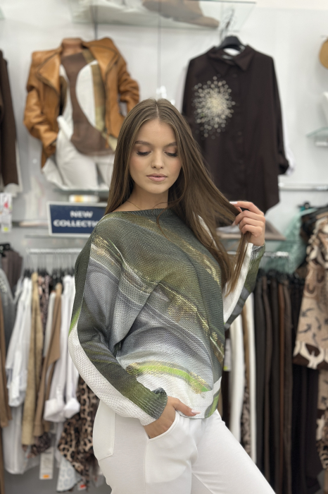 Bluza dama tip fluture cu imprimeu marmurat in nuante de verde si auriu [3]