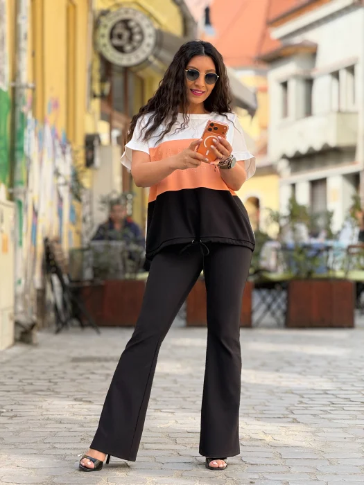 Bluza dama tricolor cu alb, corai si negru si pietricele [6]