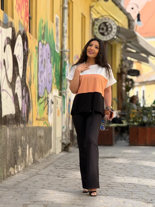 Bluza dama tricolor cu alb, corai si negru si pietricele [7]