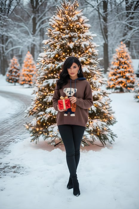 Bluza dama tricotata cu gluga si imprimeu cu ursulet [1]