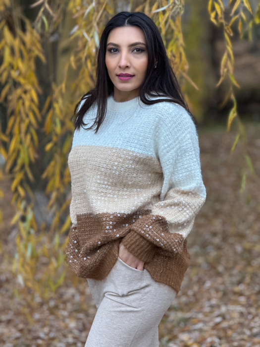 Bluza dama tricotata tricolor cu bej si paiete [4]