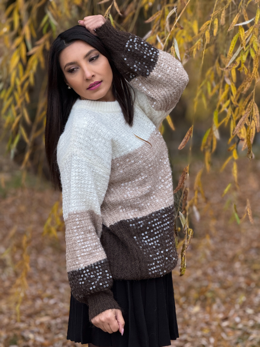 Bluza dama tricotata tricolor cu maro si paiete [3]