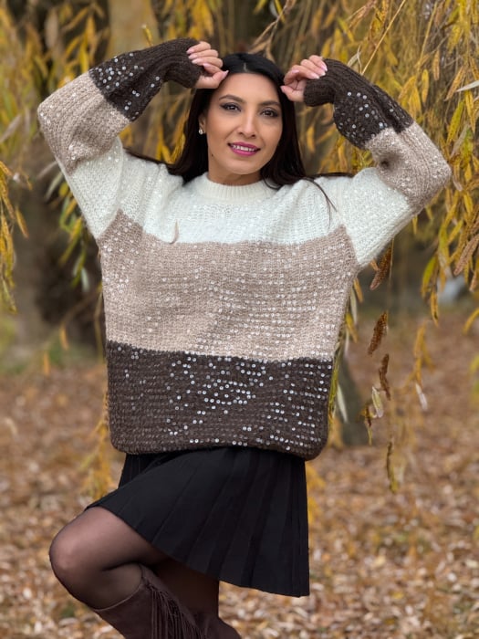 Bluza dama tricotata tricolor cu maro si paiete