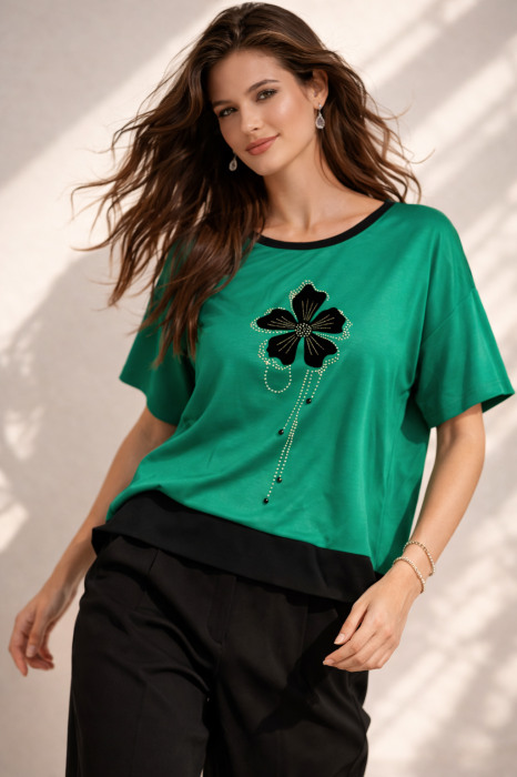 Bluza dama verde cu imprimeu floare cu pietricele [2]