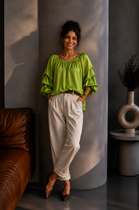 Bluza dama verde din satin cu maneci bufante [4]