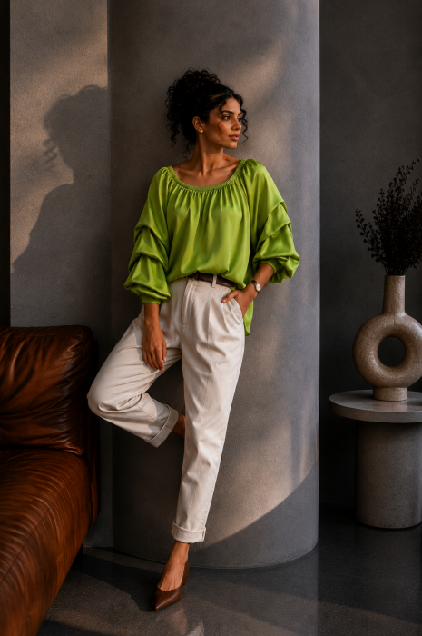 Bluza dama verde din satin cu maneci bufante [2]