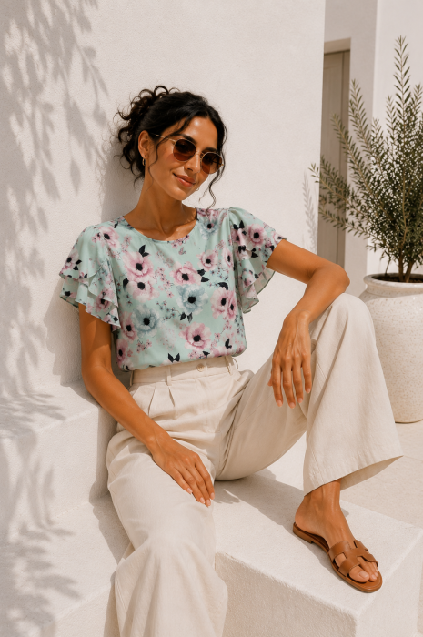 Bluza dama verde menta cu maneca scurta si imprimeu floral [2]