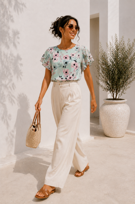 Bluza dama verde menta cu maneca scurta si imprimeu floral [3]