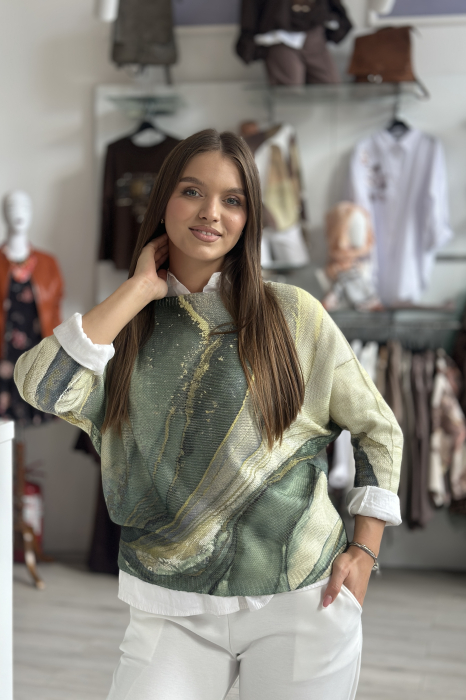 Bluza dama verde tip fluture cu imprimeu marmorat
