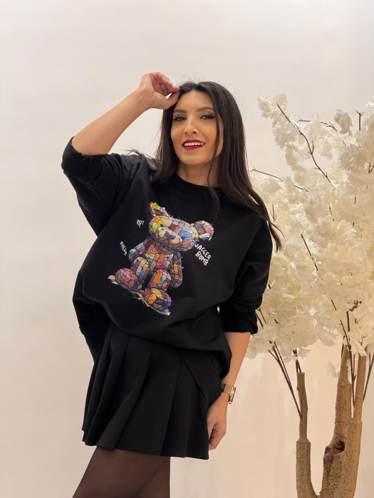 Bluza neagra din bumbac asimetrica cu impimeu ursulet [3]