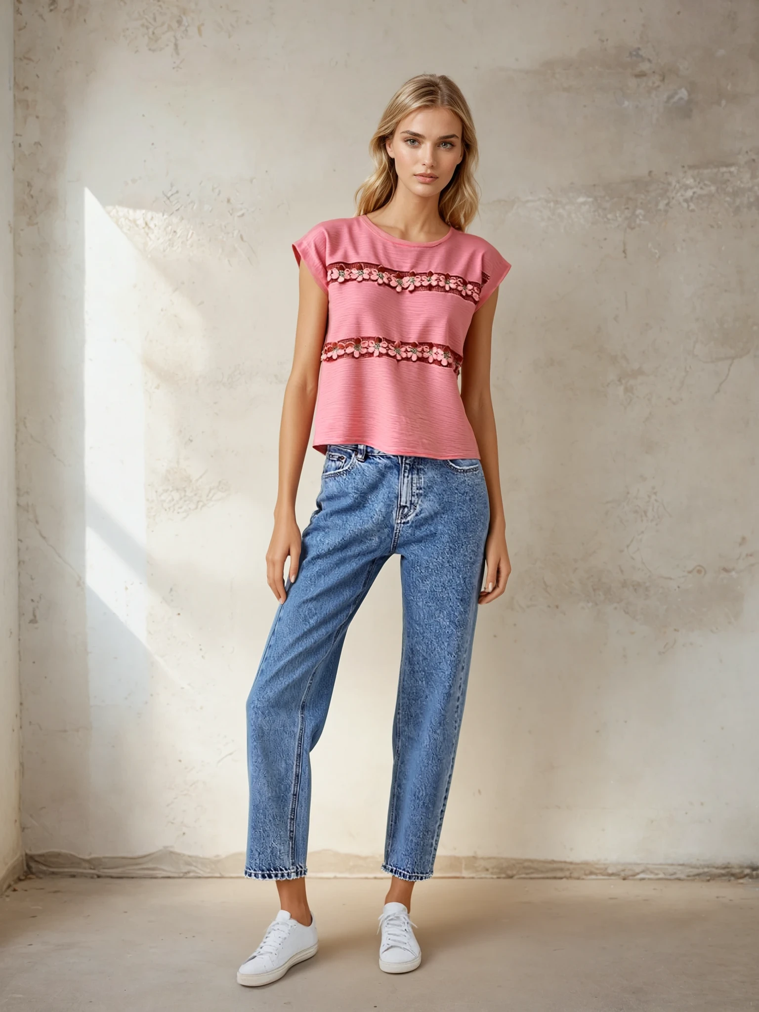Bluza somon din bumbac cu floricele aplicate orizontal [2]