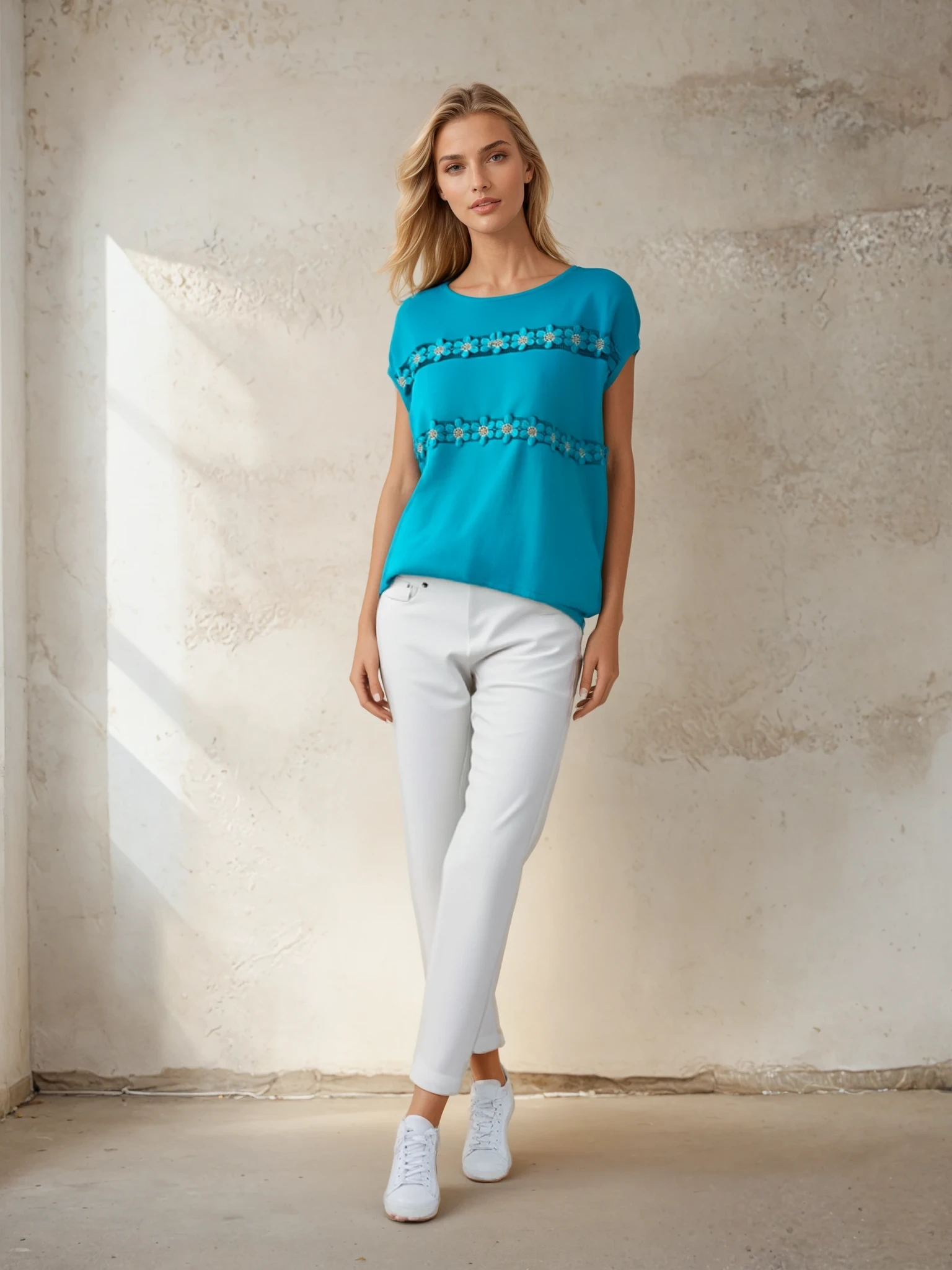 Bluza turcoaz din bumbac cu floricele aplicate orizontal [2]