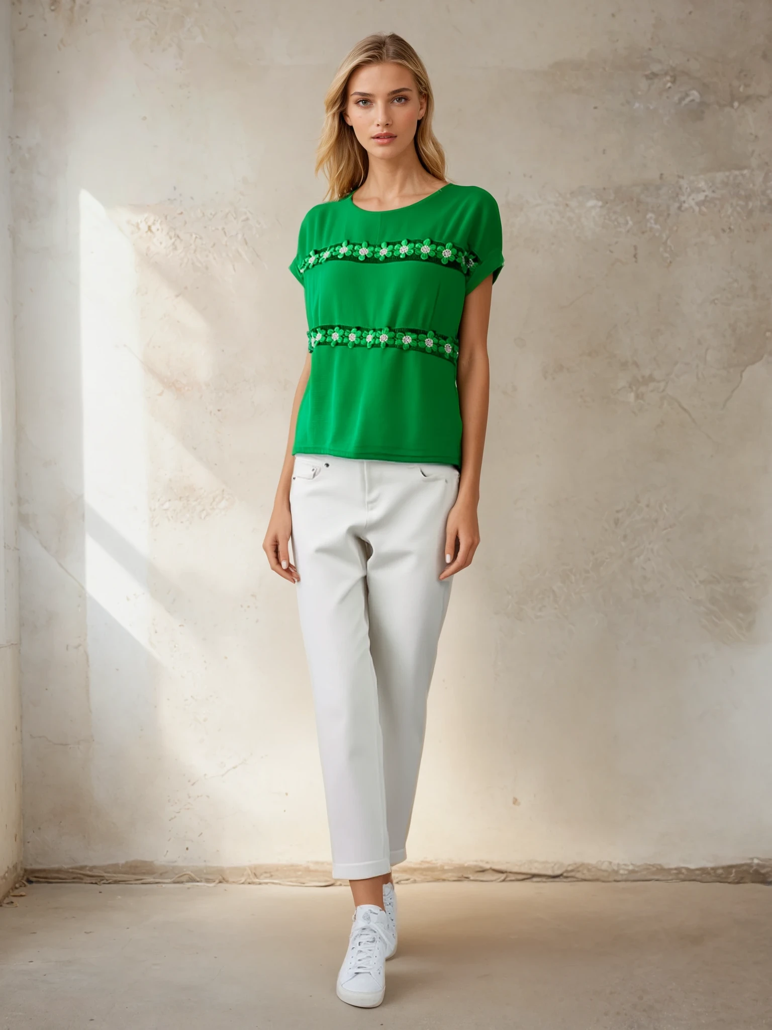 Bluza verde din bumbac cu floricele aplicate orizontal [2]