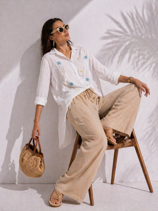 Camasa dama alba asimetrica din bumbac cu flori brodate si pietricele [3]