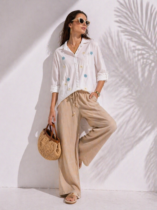 Camasa dama alba asimetrica din bumbac cu flori brodate si pietricele [4]