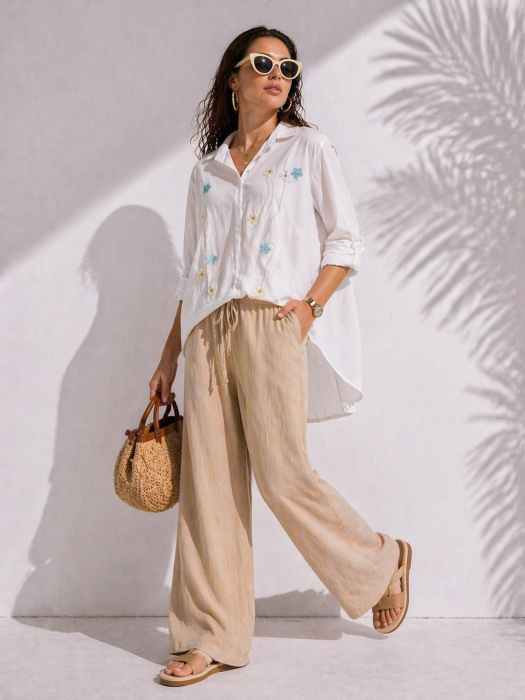 Camasa dama alba asimetrica din bumbac cu flori brodate si pietricele [2]