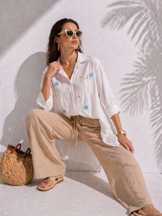 Camasa dama alba asimetrica din bumbac cu flori brodate si pietricele [5]